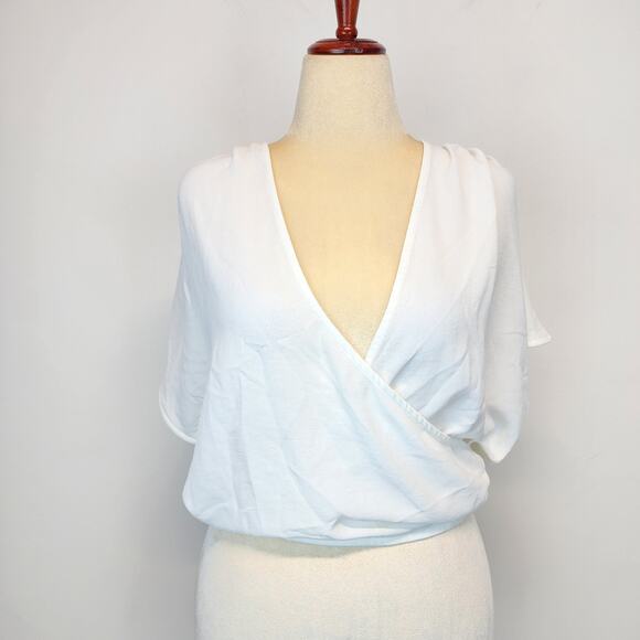 Zara Crossover Blouse Top Size L White Short Sleeve Pullover V-neck Flowy Chic - Picture 1 of 13